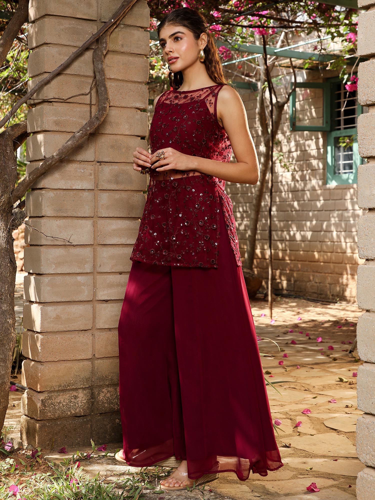 Qissa Women Burgundy Red Sheer-Botanical Kurti with Top and Palazzo