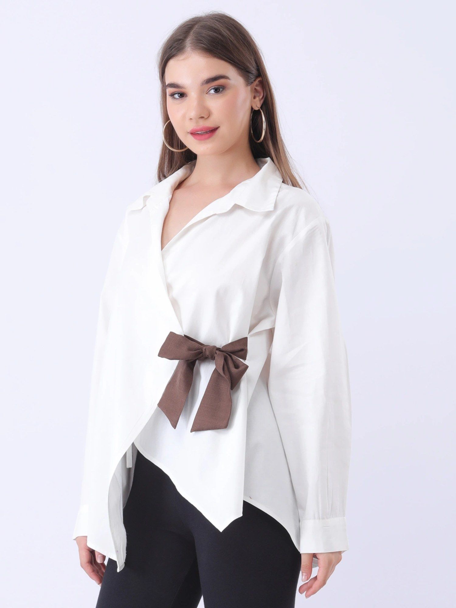 Qurvii White Solid Poplin Side Tie-Up Shirt