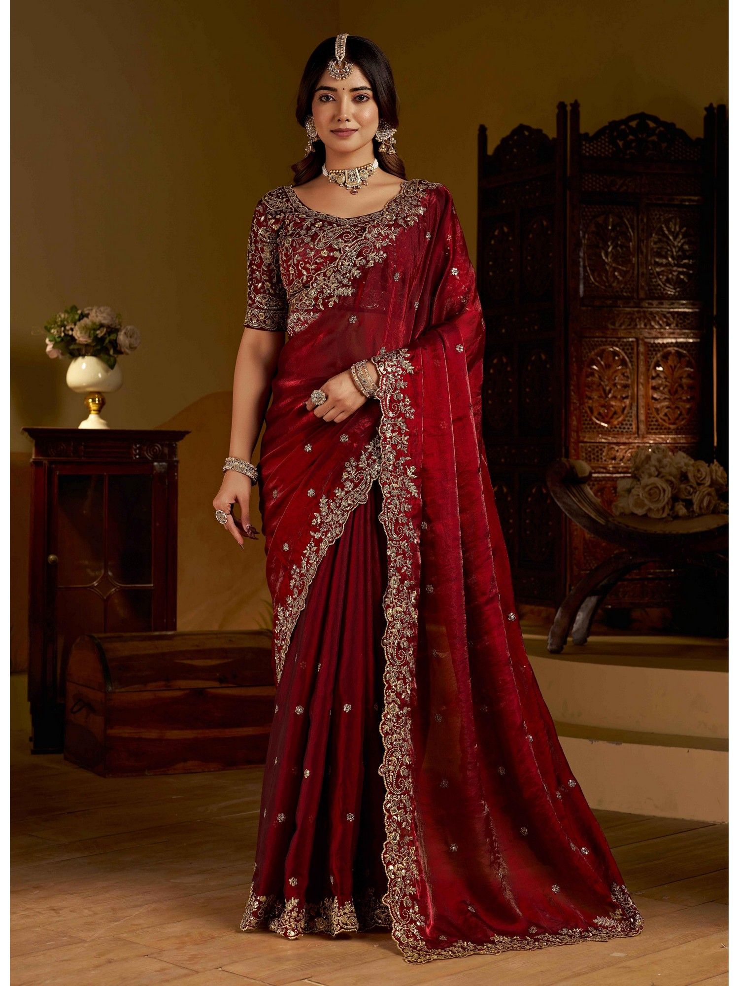 RAAG VARNAM Maroon Satin Silk Saree with Unstitched Blouse