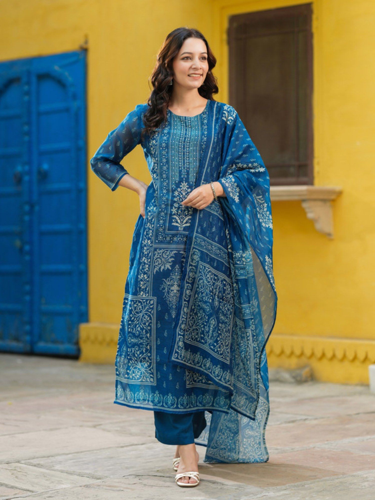 Rain & Rainbow Blue Floral Kurta with Pant and Dupatta