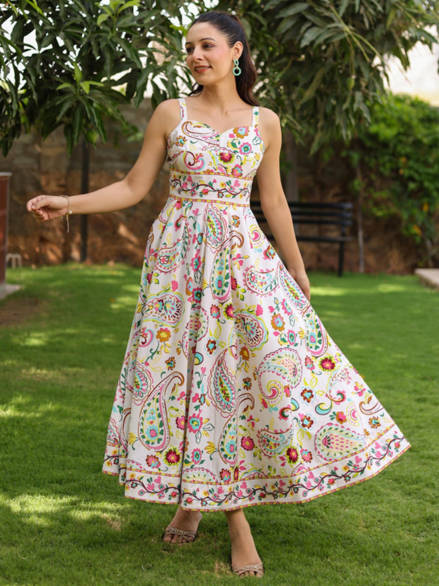 Rain & Rainbow Printed Pure Cotton Fit and Flared Midi Dress
