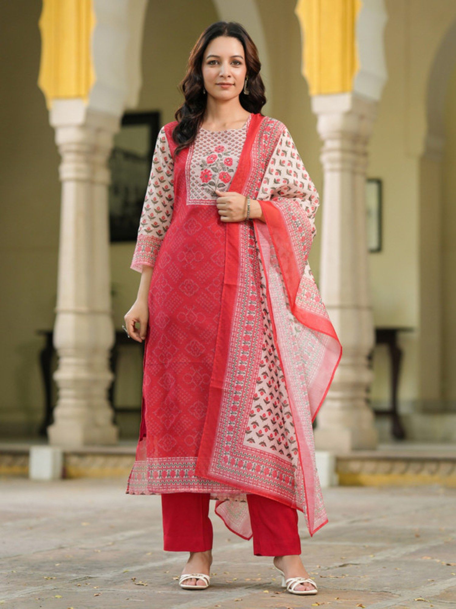 Rain & Rainbow Red Floral Kurta with Pant and Dupatta