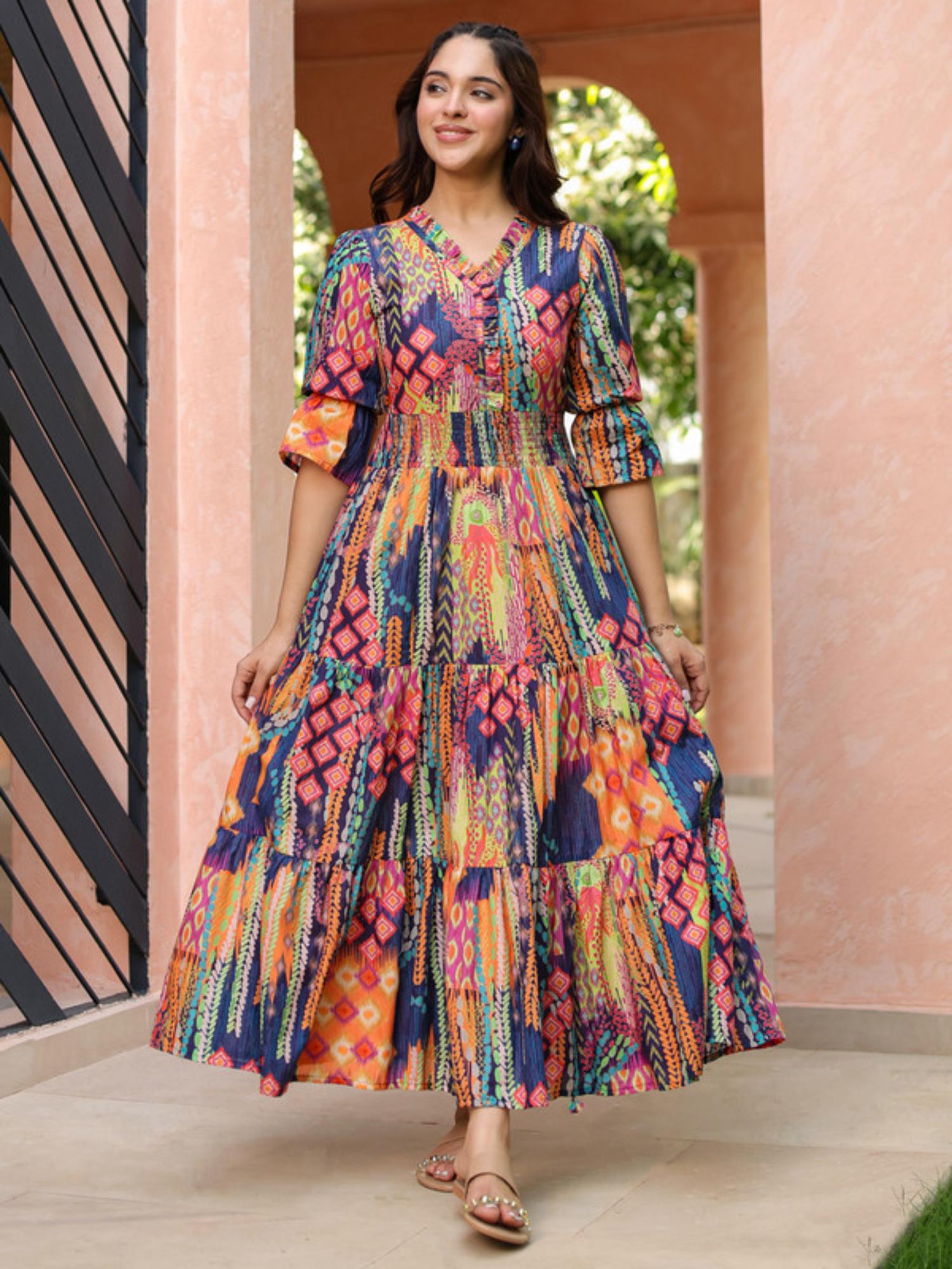 Rain & Rainbow Women Ethnic Printed V Neck Ruffle Detail Dress
