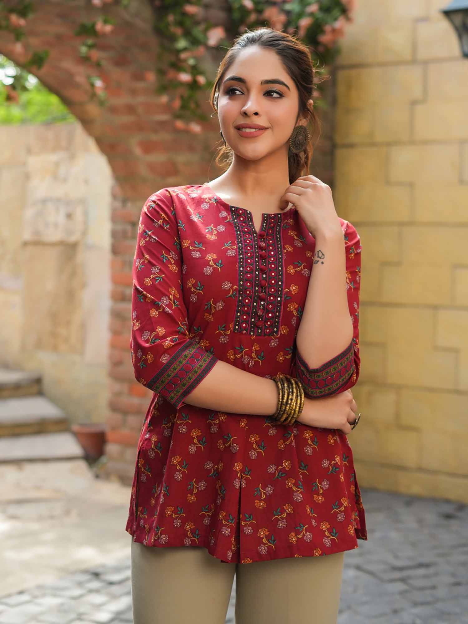 Rain & Rainbow Women Maroon Ethnic Motifs Floral Printed Short Kurti