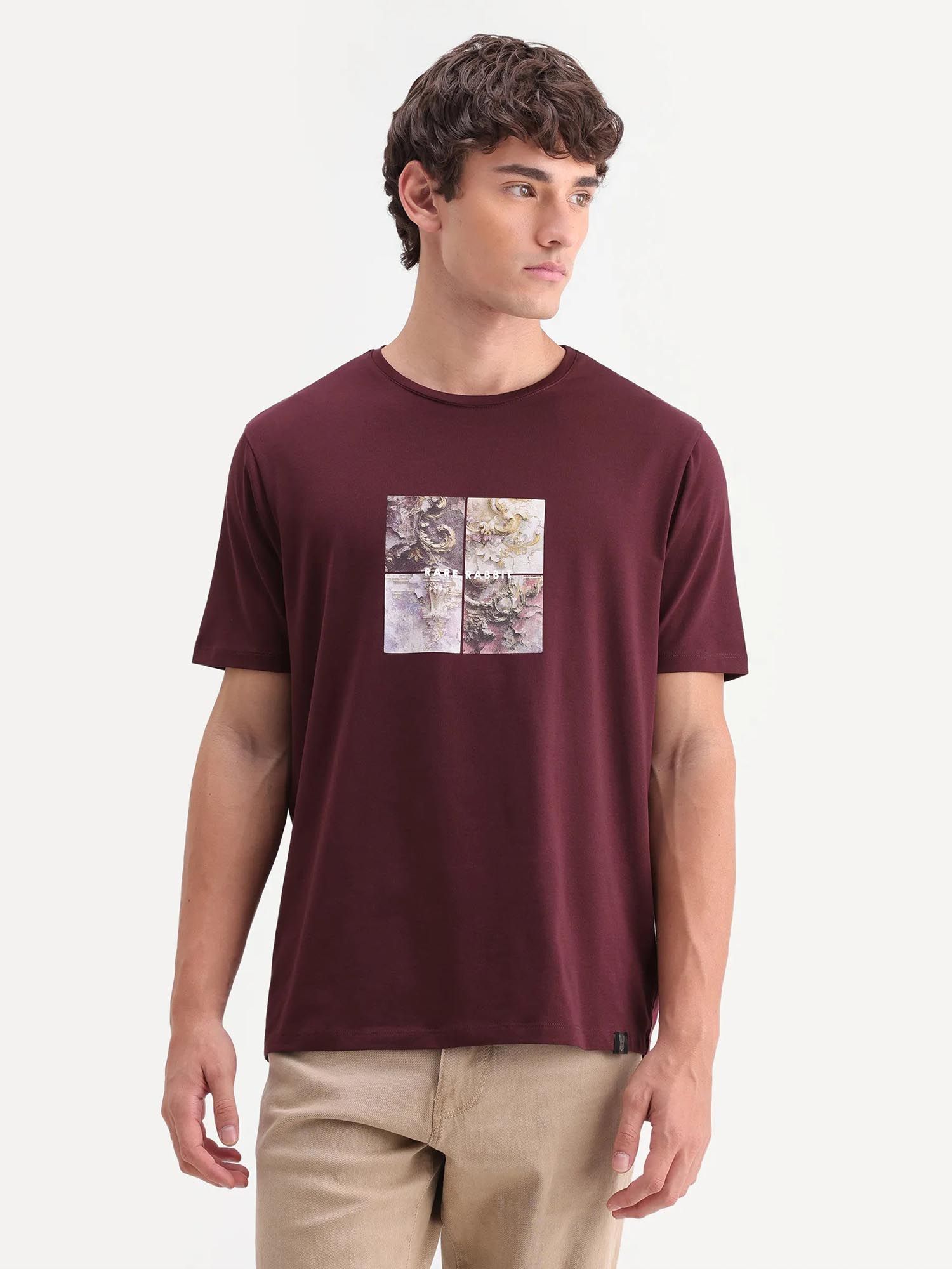 Rare Rabbit Men Dral Dark Maroon Cotton Blend Graphic Print T-Shirt