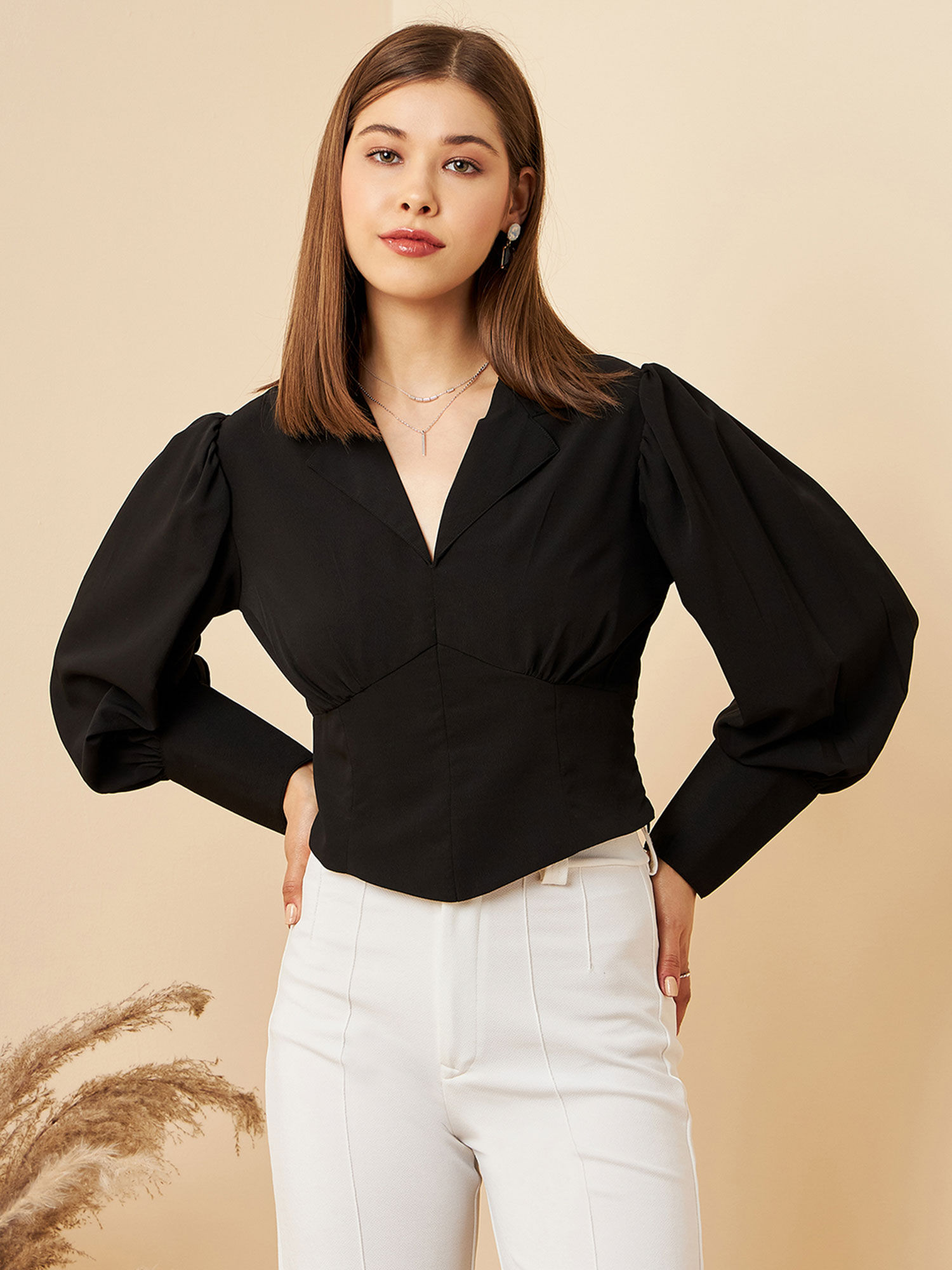 RARE Women Casual Black Colour Notched Lapel Solid Regular Top