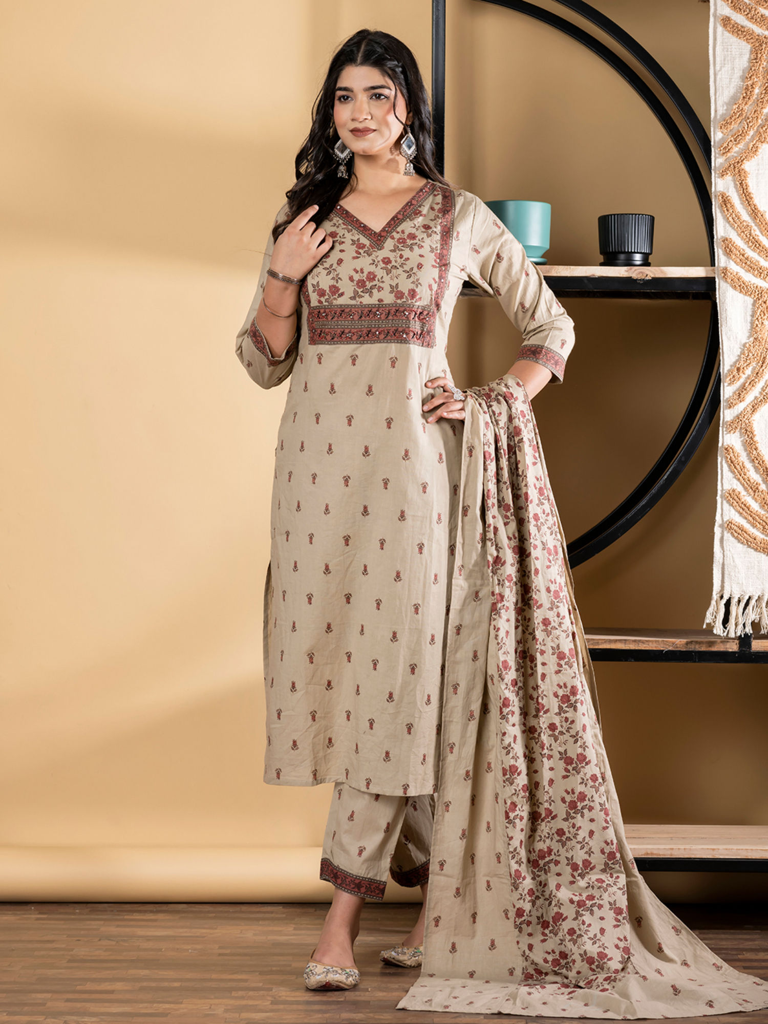Readiprint Straight Cotton Beige Kurta with Pant & Dupatta (Set of 3)