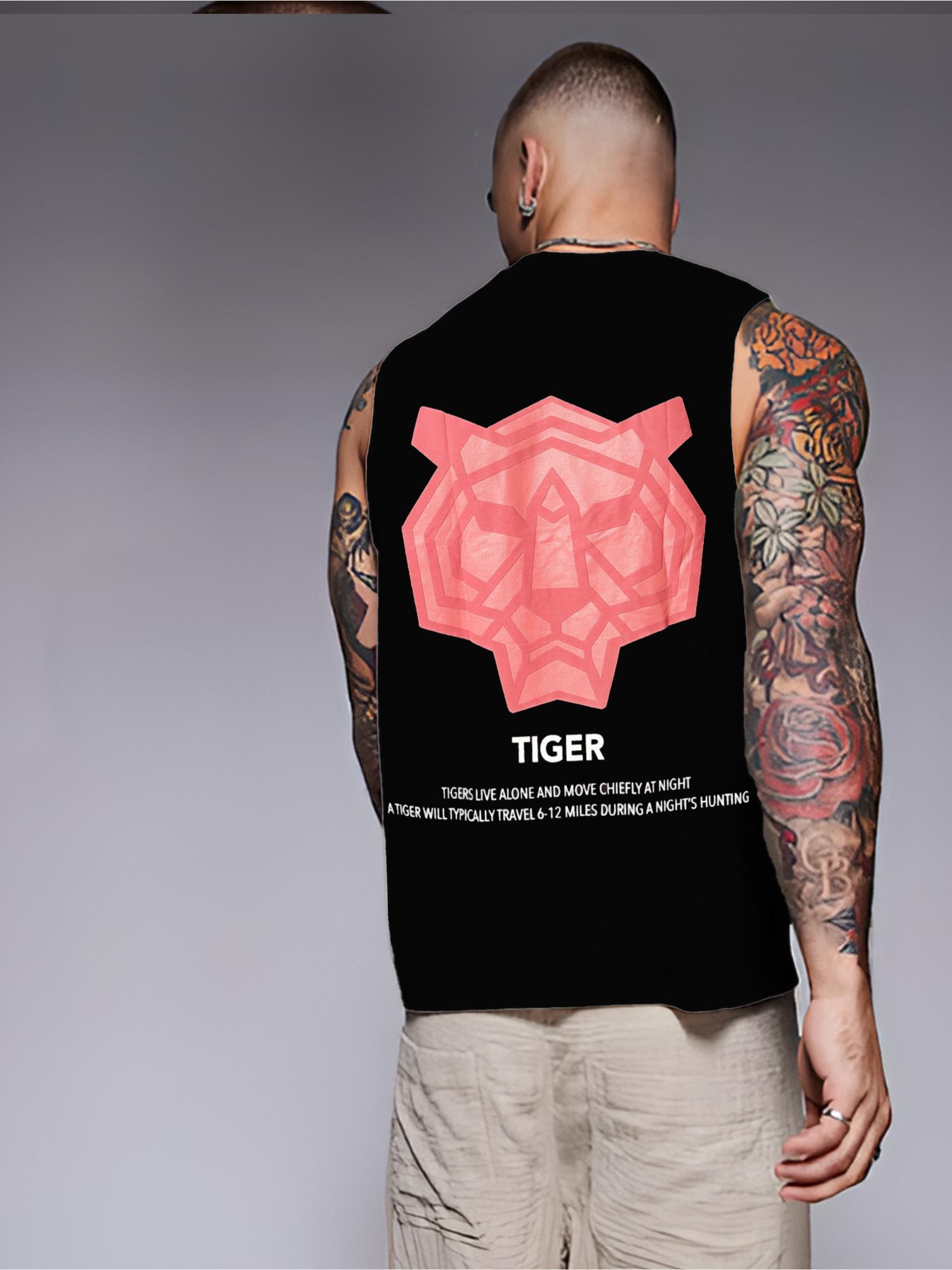 RIGO Men Black Terry Oversized Printed Vest T-Shirts