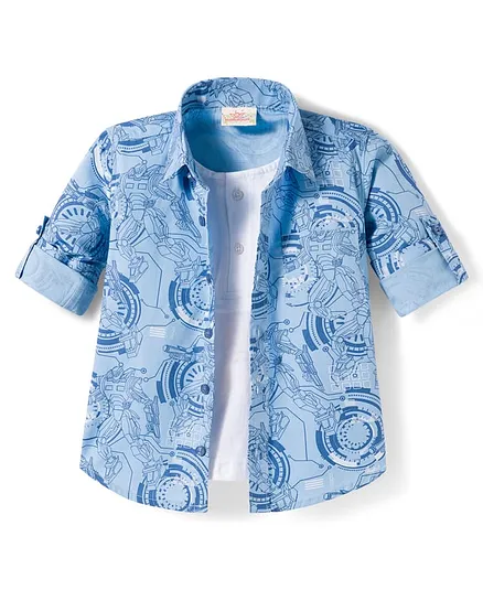 Rikidoos Cotton Woven Full Sleeves Robotic Printed Shirt With T-Shirt - Light Blue