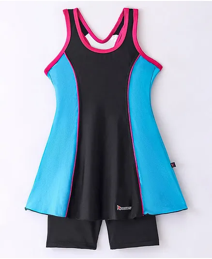Rovars Cotton Blend Sleeveless Solid Color Frock Swimsuit - Black & Teal Blue