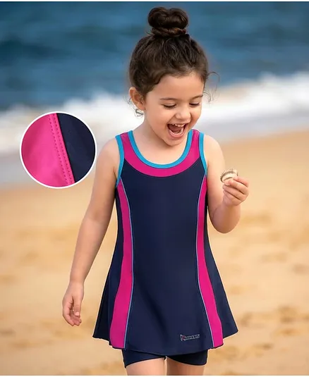 Rovars Cotton Blend Sleeveless Solid Color Frock Swimsuit - Pink & Navy Blue