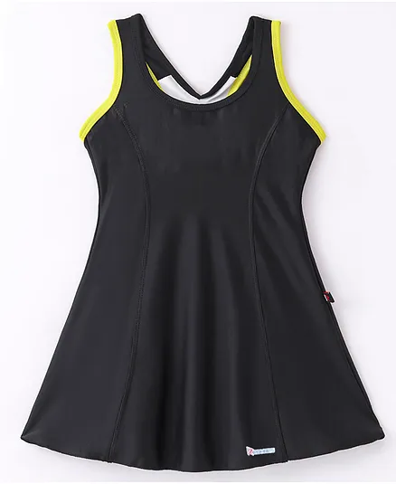 Rovars Cotton Lycra Sleeveless Frock Style Swimsuit - Black & Yellow