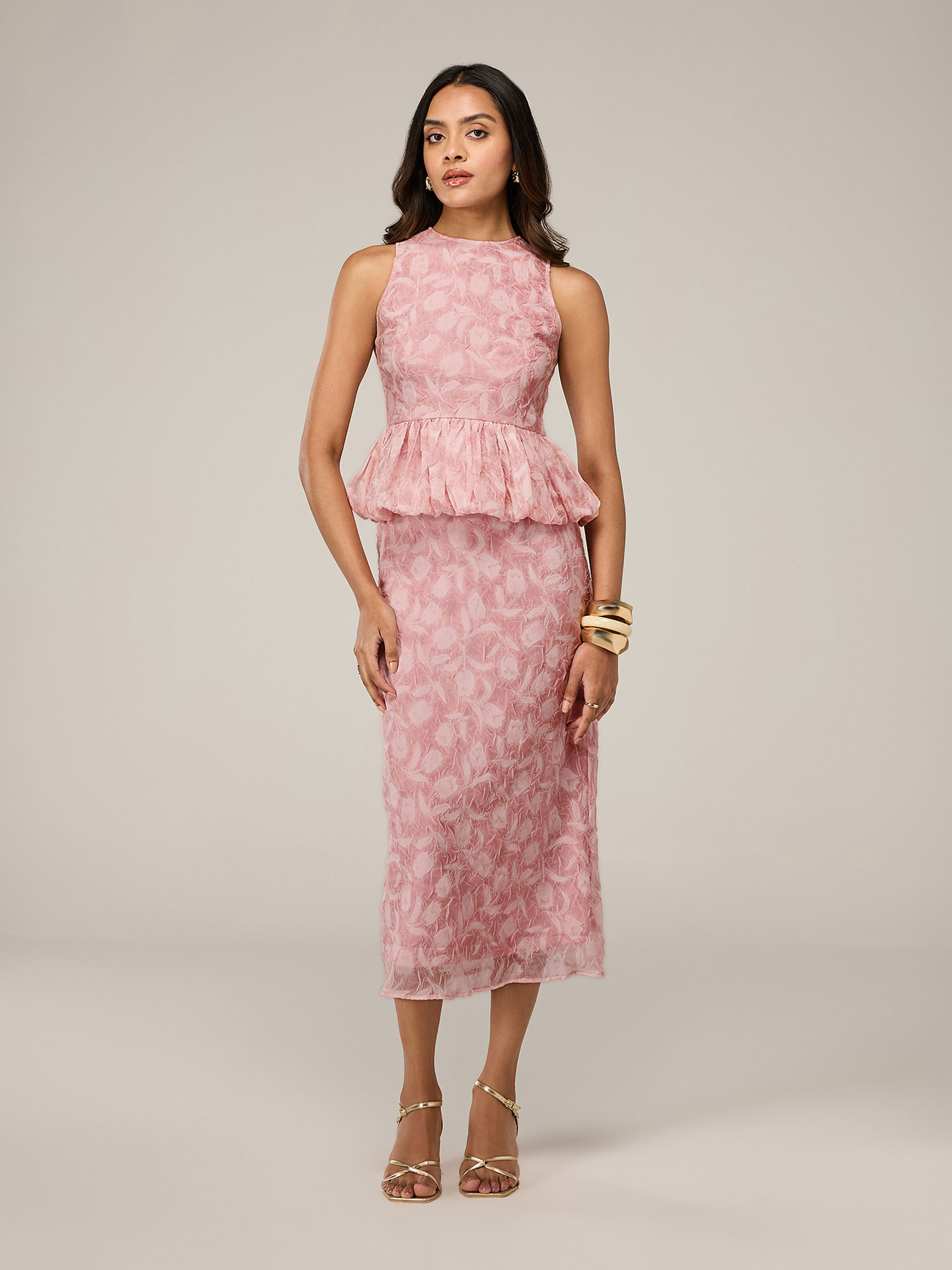 RSVP by Nykaa Fashion Pink Textured Crop Peplum Top And High Waist Midi Skirt Co Ord Set