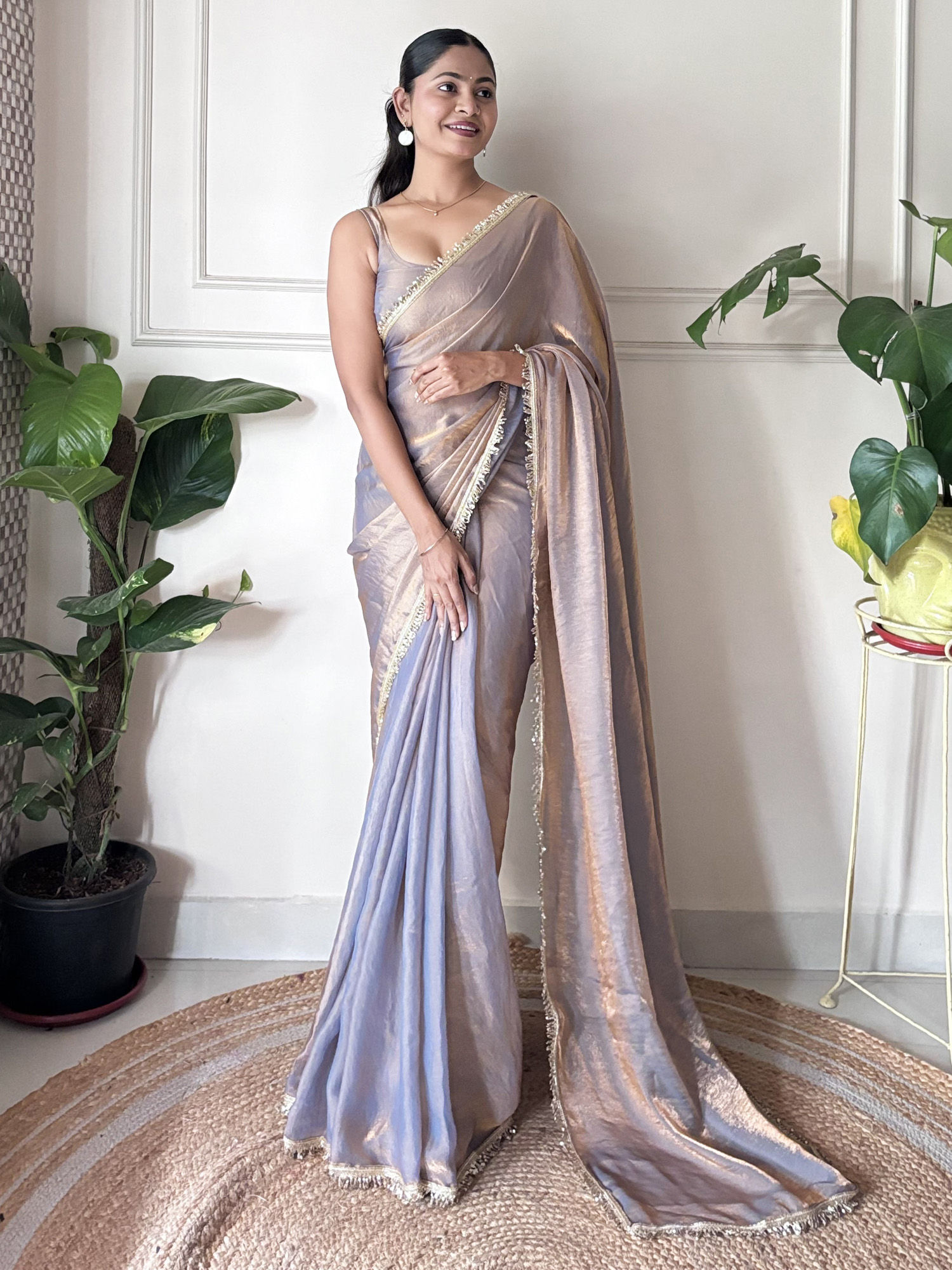 Sareemall Women Paper Silk Grey Embellished Saree with Unstitched Blouse