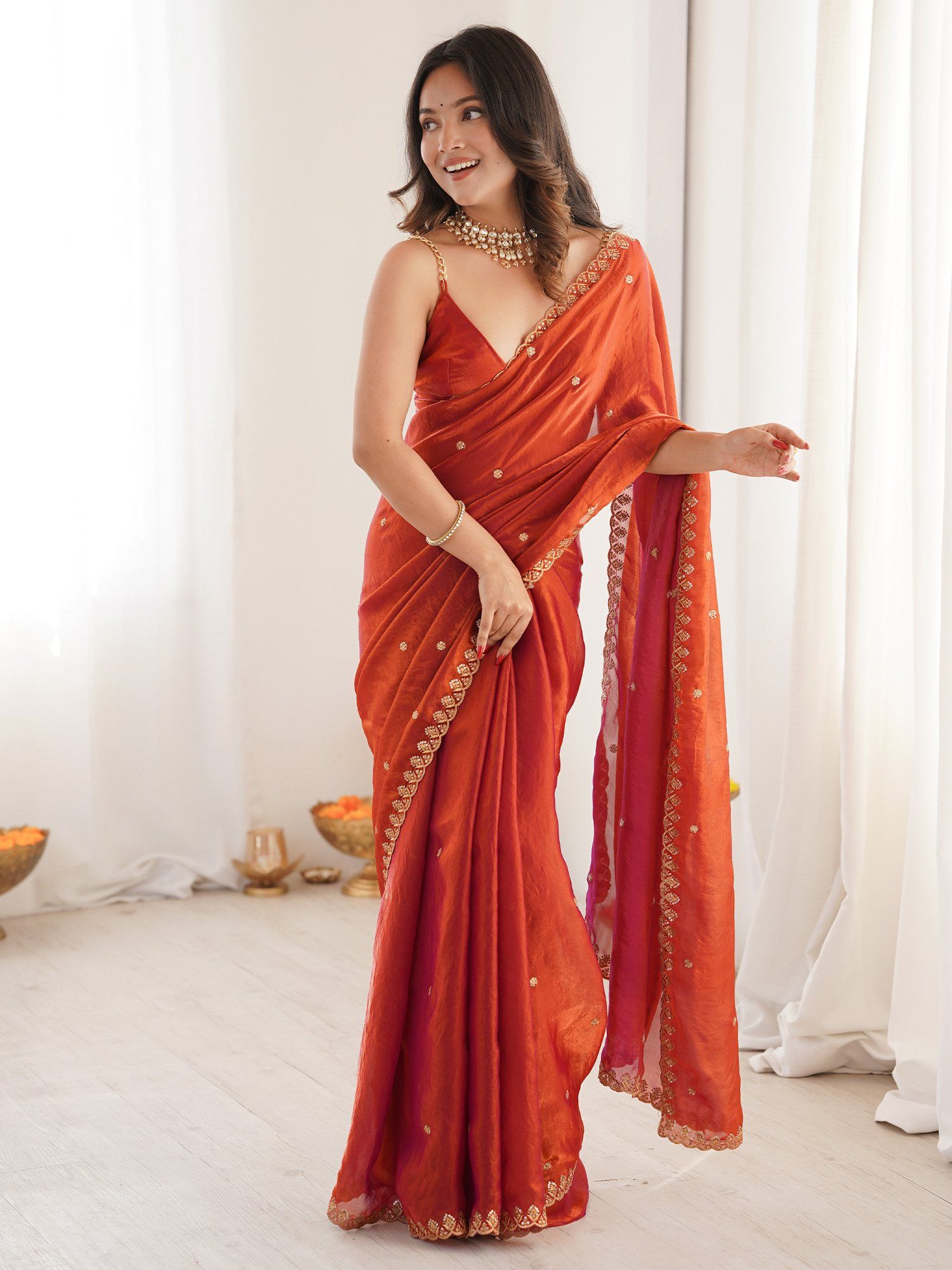 Sareemall Women's Paper Silk Copper Embellished Designer Saree With Unstitched Blouse