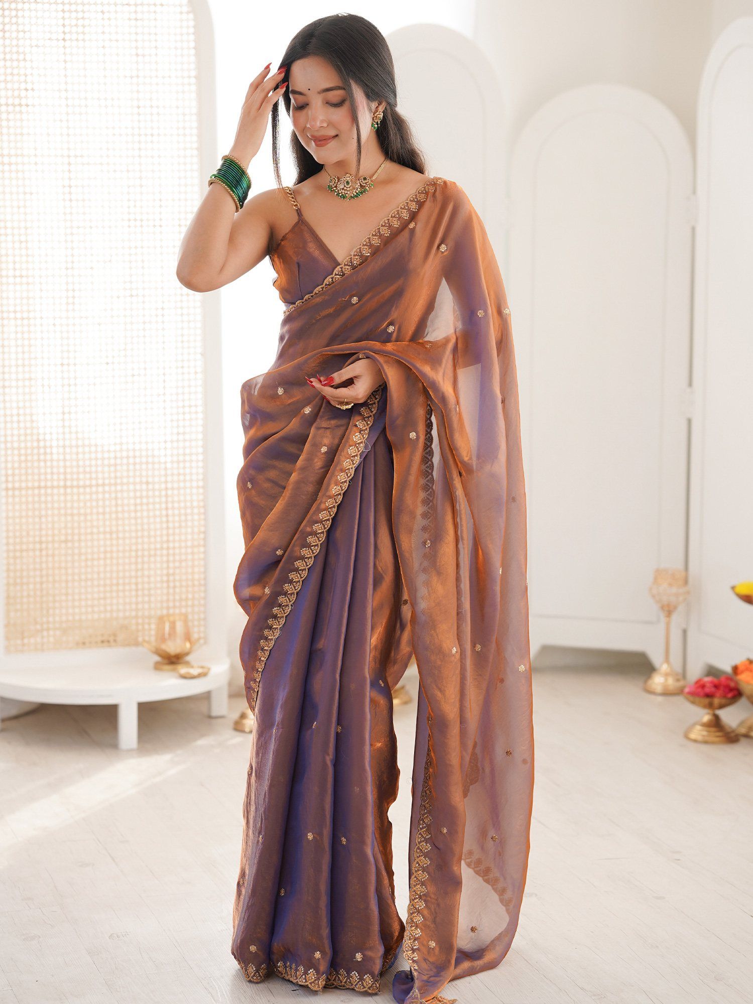 Sareemall Women's Paper Silk Rose Gold Embellished Designer Saree With Unstitched Blouse