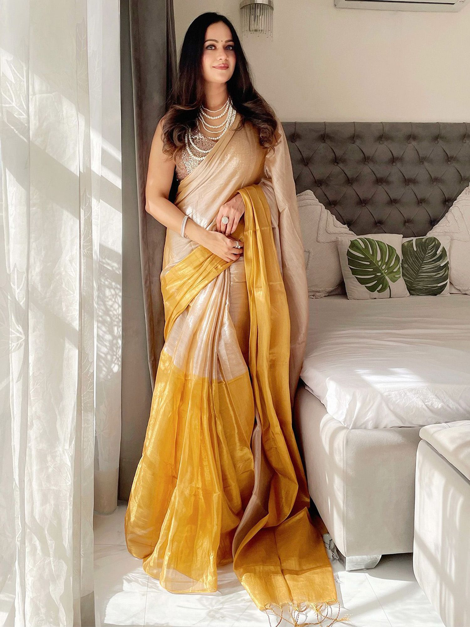 Sareemall Women's Tissue Beige Solid Designer Saree with Unstitched Blouse