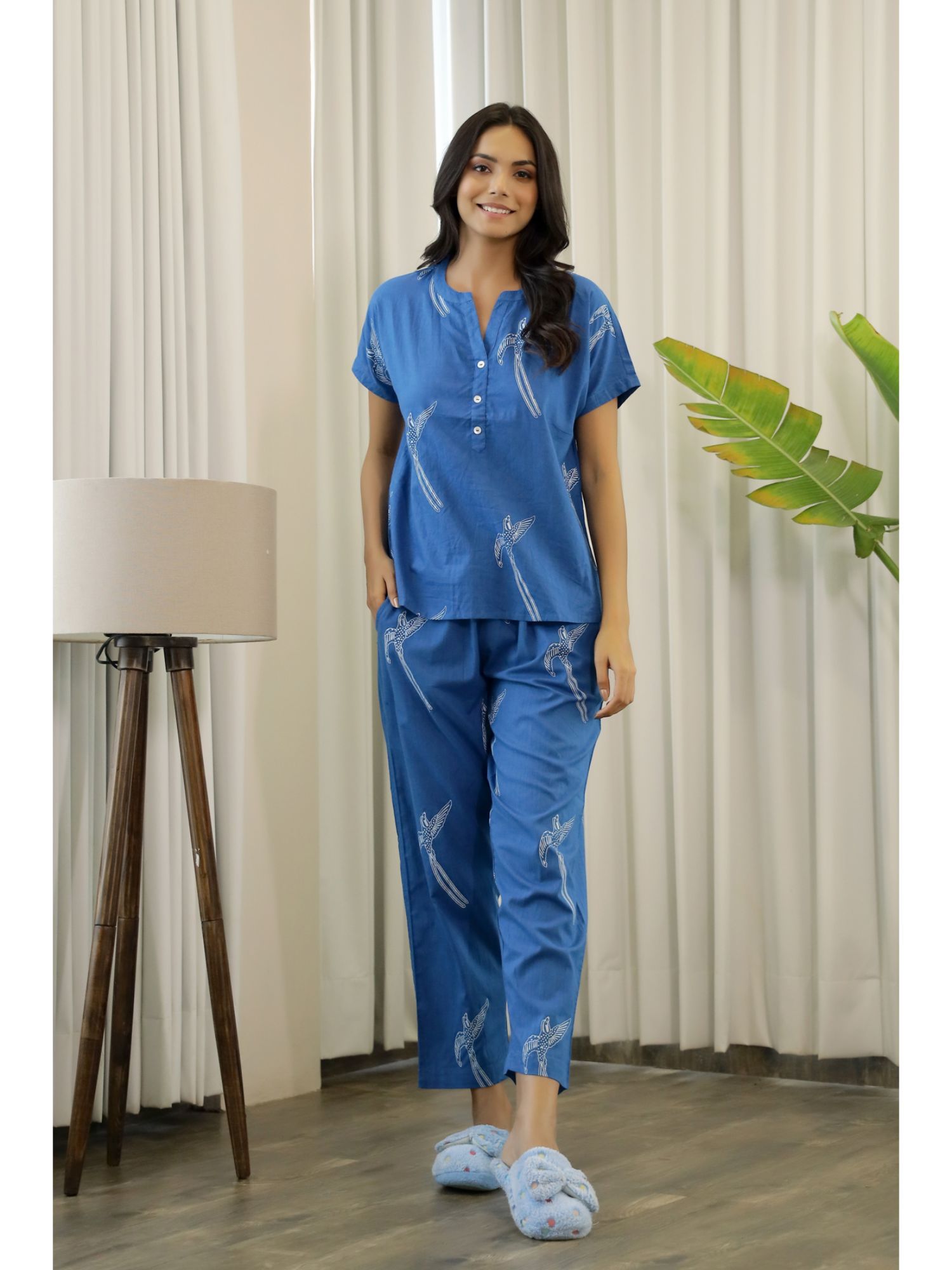 SAY Blue Color Printed Women Pure Cotton Top & Pyjama Night Suit (Set of 2)