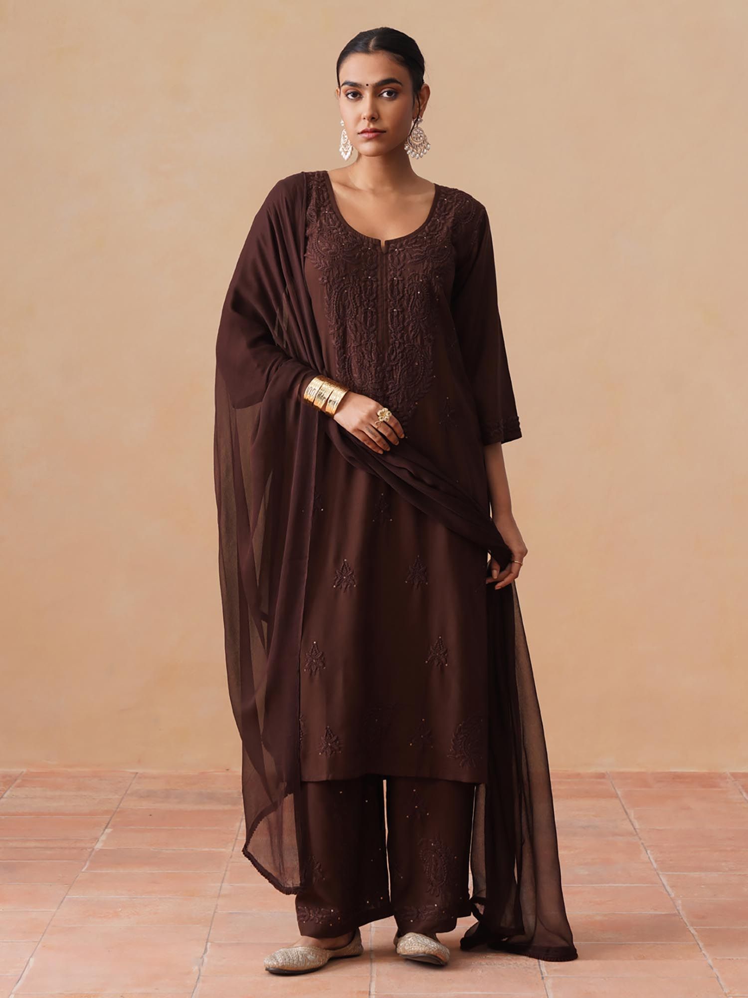 Sazrika Coffee Brown Rayon Chikankari Embroidered Stylish Kurta and Pant with Dupatta