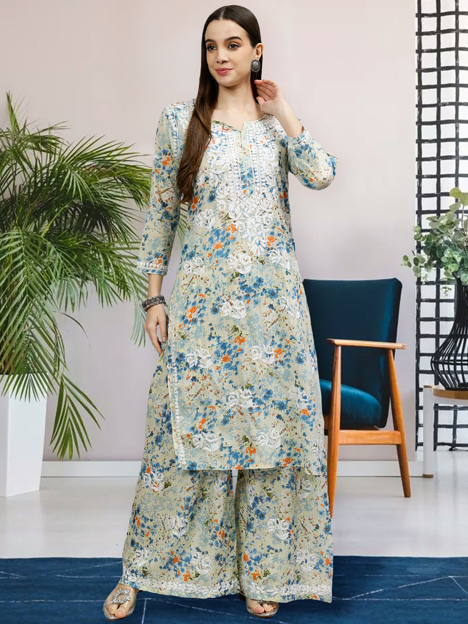Seva Chikan Hand Embroidered Blue Mal Mal Kurta With Palazzo (Set of 2)