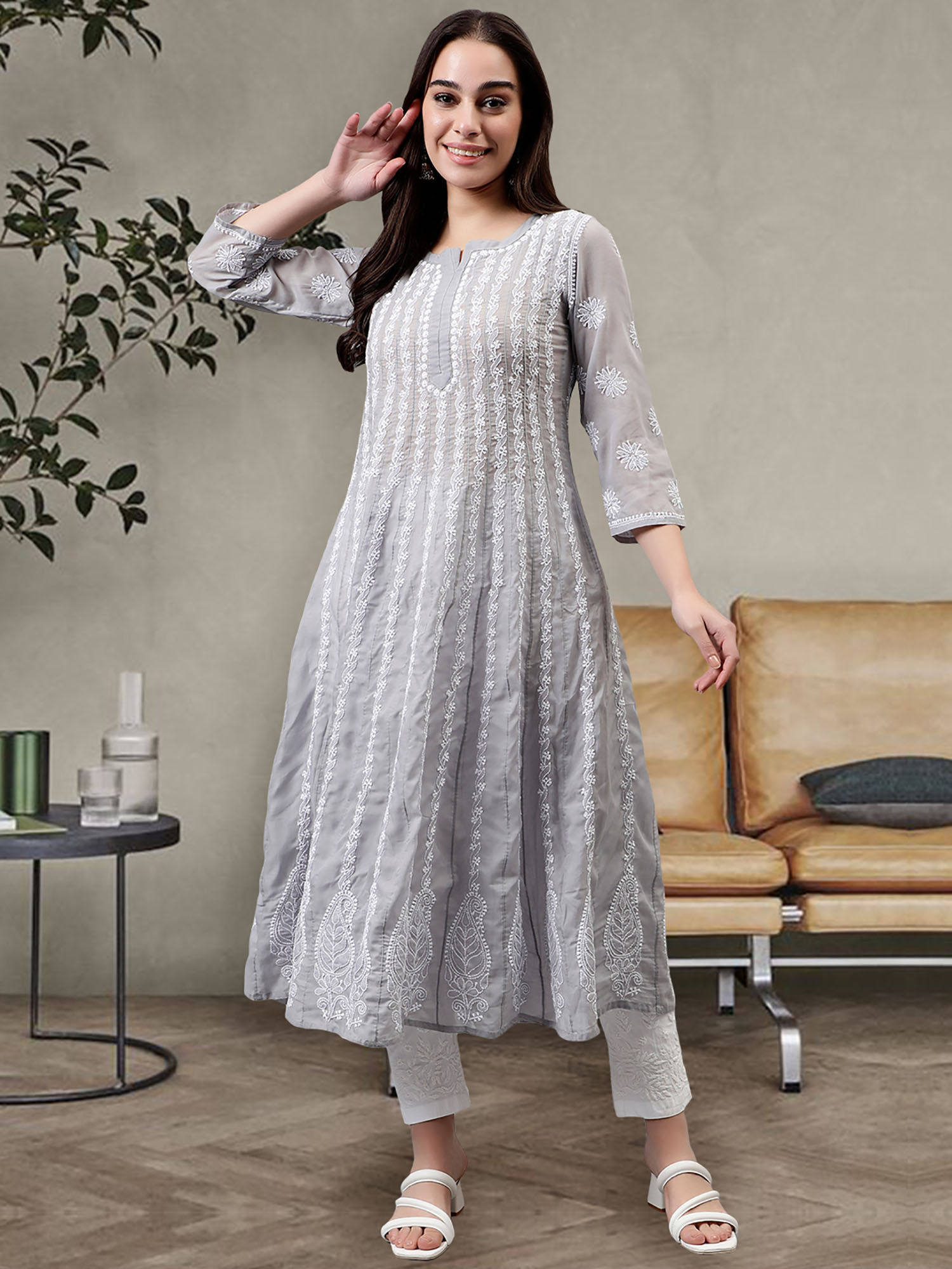 Seva Chikan Hand Embroidered Grey Terivoil Cotton Lucknowi Chikankari Anarkali Kurta