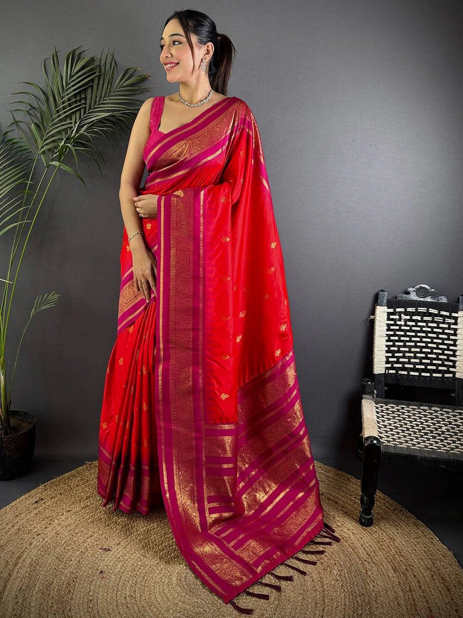SGF11 Red Women Kanjivaram Pure Soft Silk Saree with Unstitched Blouse