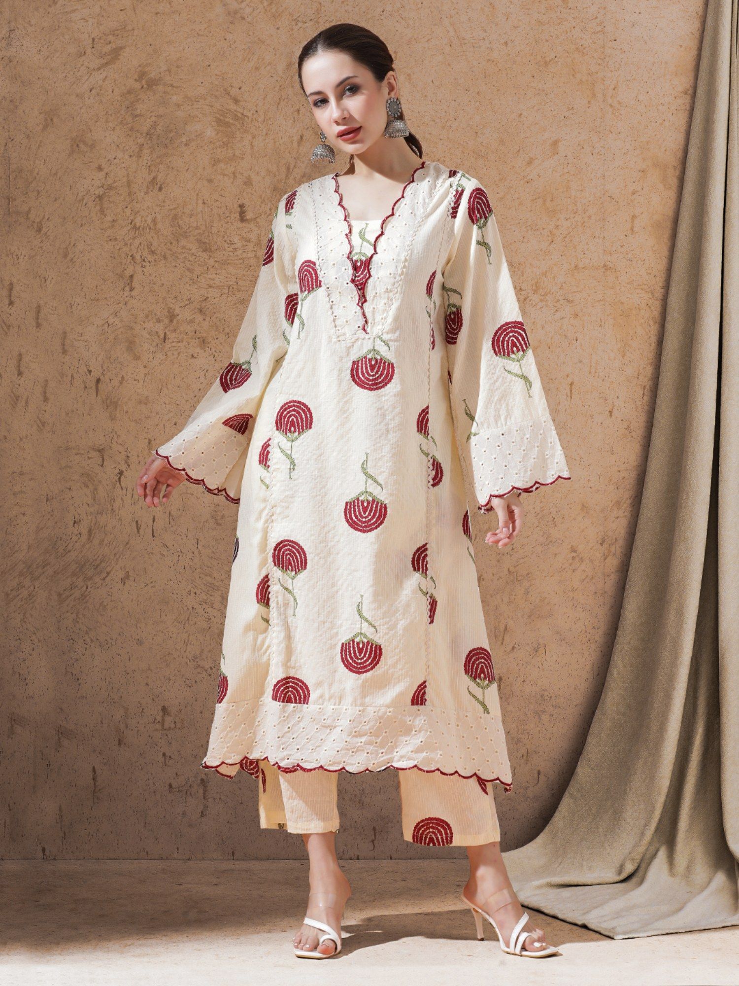 SHAHAD White Floral Printed A-Line Kurta and Pant (Set of 2)