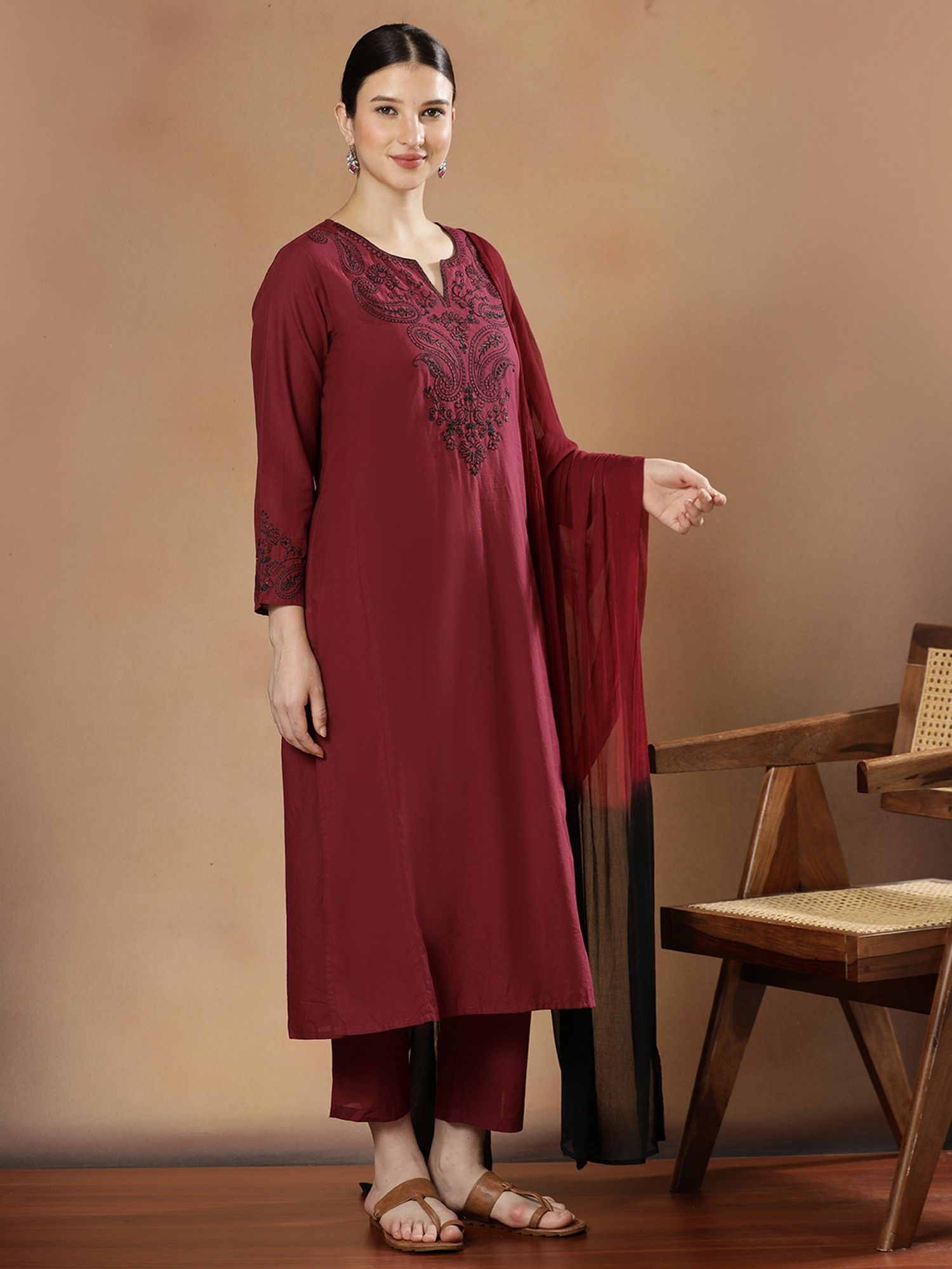 SHAHAD Women Pure Cotton Wine Embroidered Kurta with Pant and Dupatta