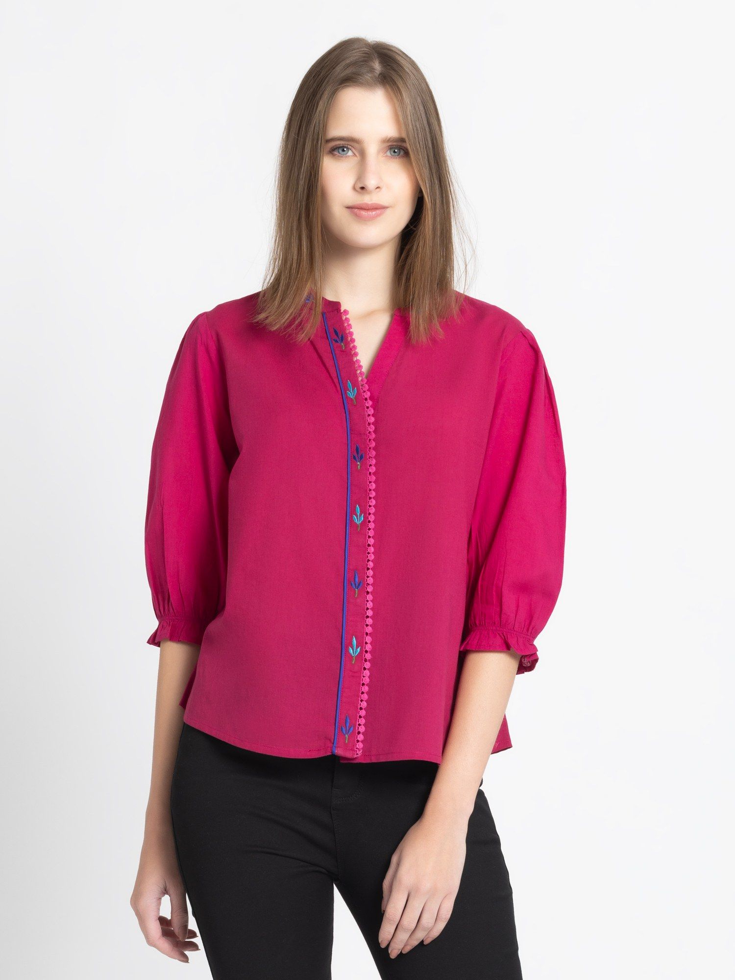 SHAYE Band Collar Pink Embroidered Three-Quarter Sleeves Casual Top For Women