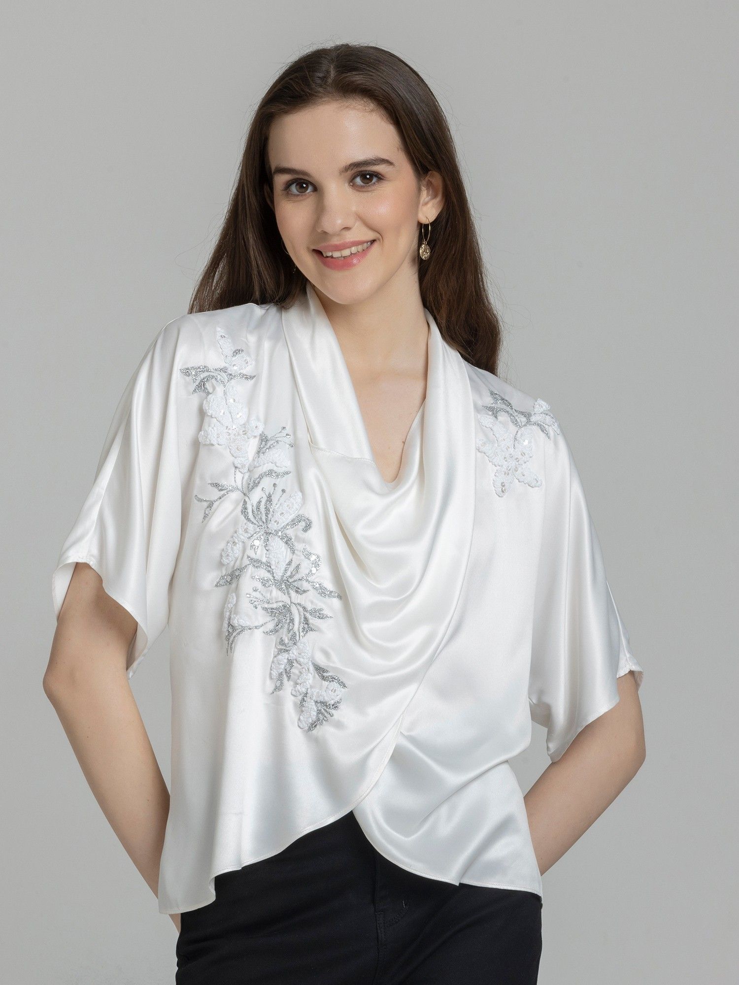SHAYE Cowl Neck Embroidered Short Sleeves Party White Top