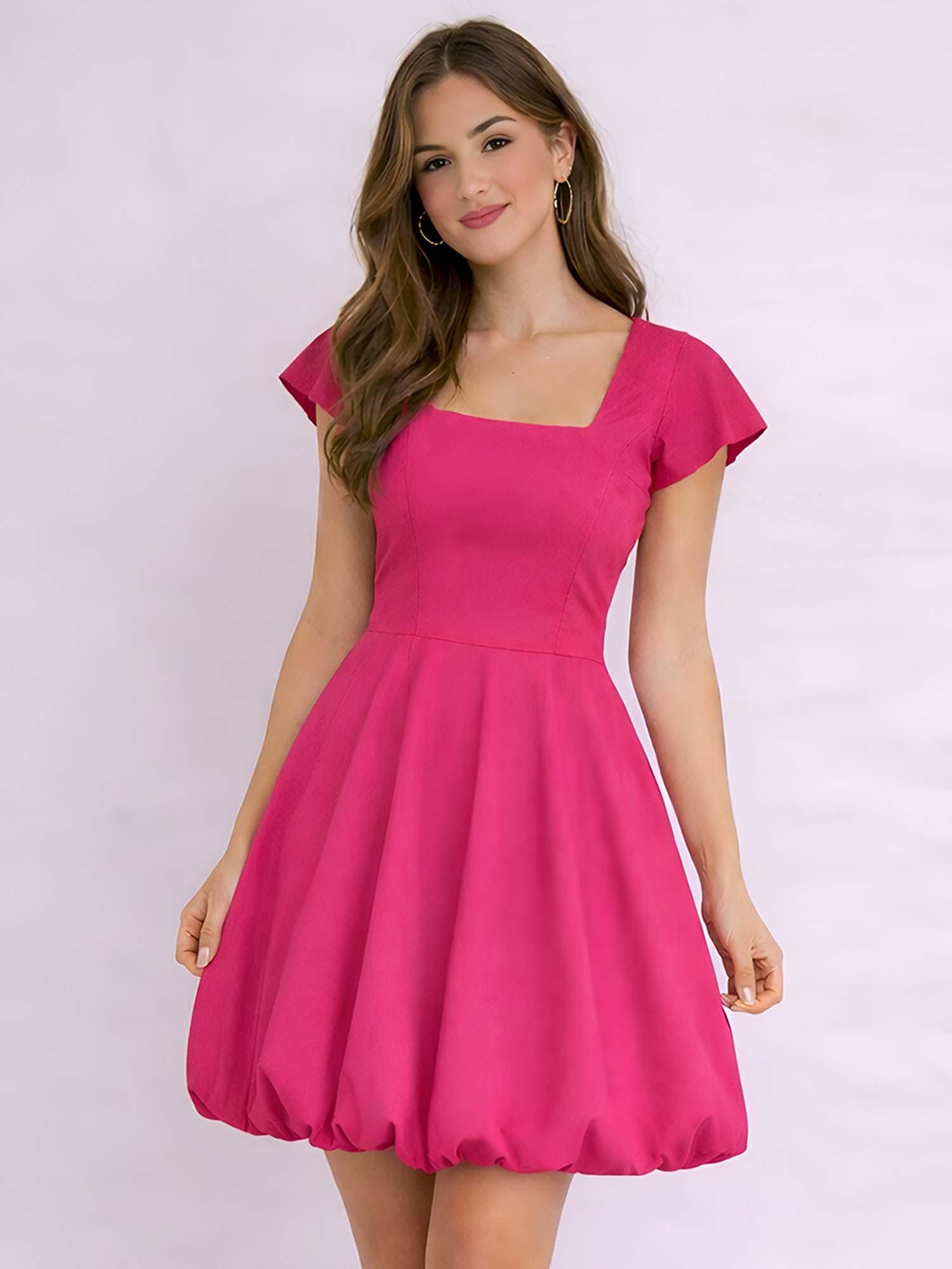 SHAYE Dark Pink Square Neck Solid Short Sleeves Casual Mini Dress For Women