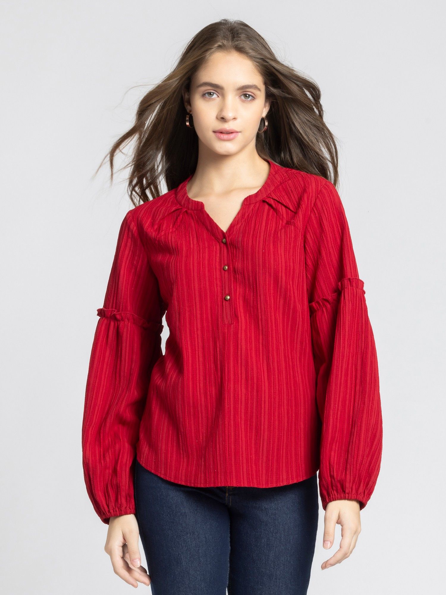 SHAYE Maroon Band Collar Full Sleeves Casual Top For Women