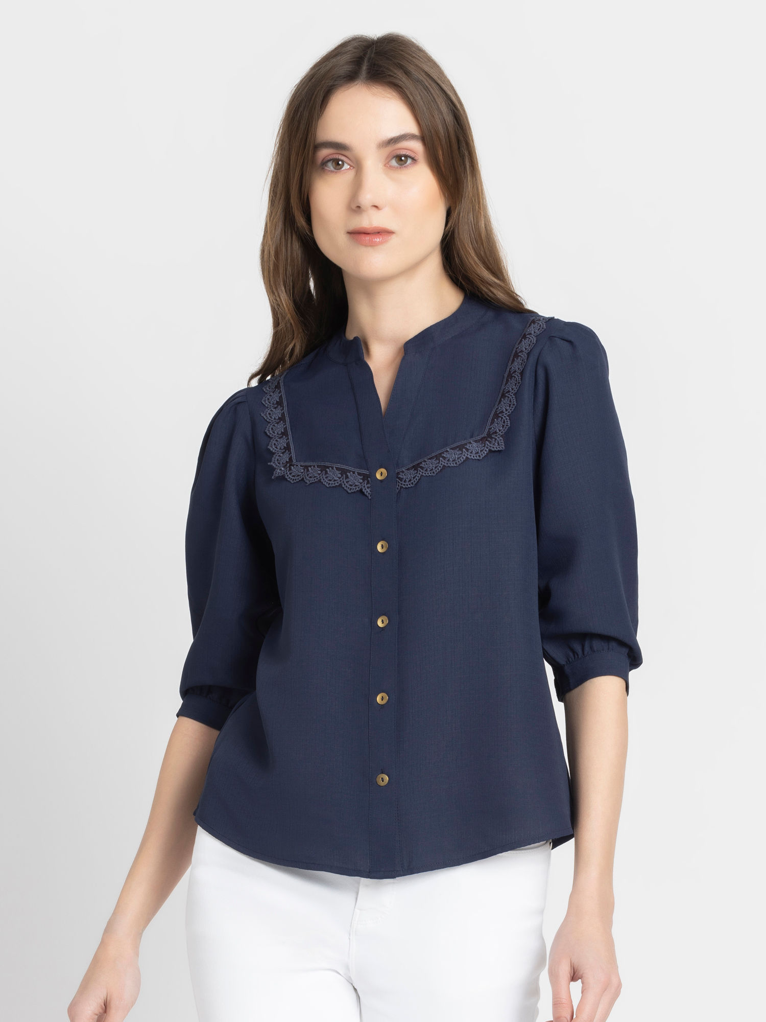 SHAYE Women Band Collar Navy Blue Solid Three-Quarter Sleeves Casual Top