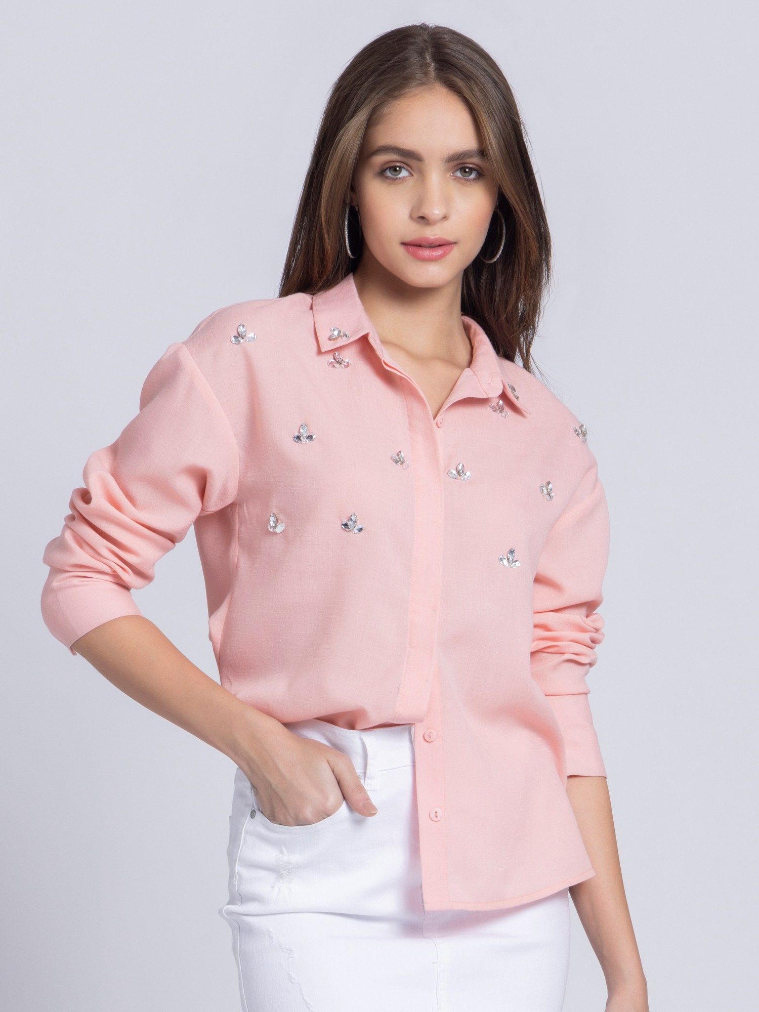 SHAYE Womens Collar Neck Pink Embellished Long Sleeves Party Shirt