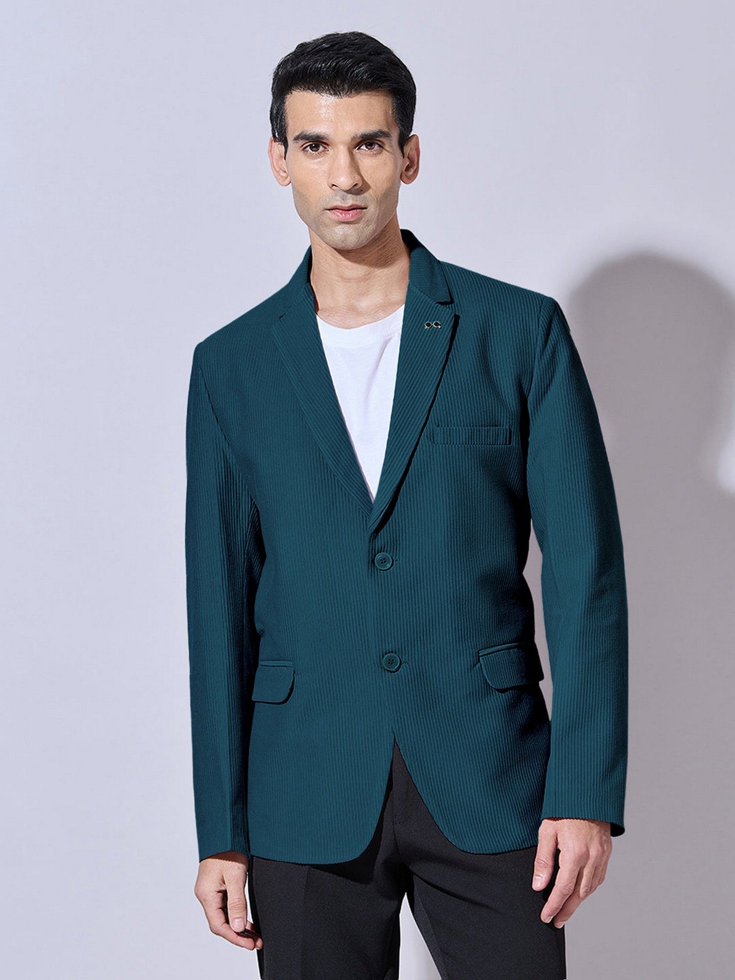 SHOWOFFFF Teal Corduroy Solid Slim Fit Blazer