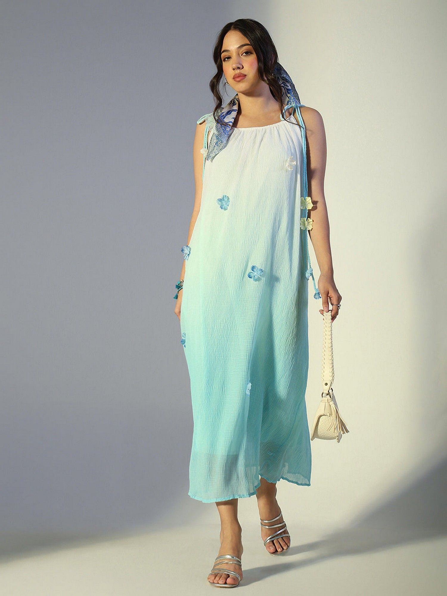SHOWOFFFF Women Floral Applique Blue Ombre Dress