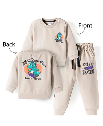 Simply Fleece Knit Full Sleeves Winter Wear Suit with Front & Back Dino Print - Beige