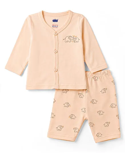 Simply Sinker Knit Full Sleeves T-Shirt & Pyjama Night Suit with Elephant Print- Peach