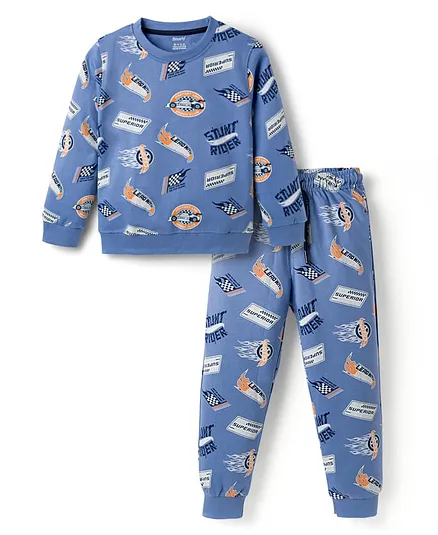 Smarty Boys Looper Knit Full Sleeves Co-ords Winter Night Suit with Racing Print - Navy Blue