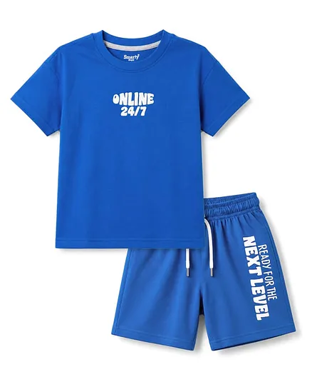 Smarty Boys Sinker Knit Drop Shoulder Sleeves T-Shirt & Shorts Night Suit With Text Print - Blue