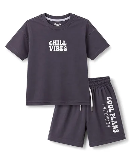 Smarty Boys Sinker Knit Drop Shoulder Sleeves T-Shirt & Shorts Night Suit With Text Print - Charcoal Grey