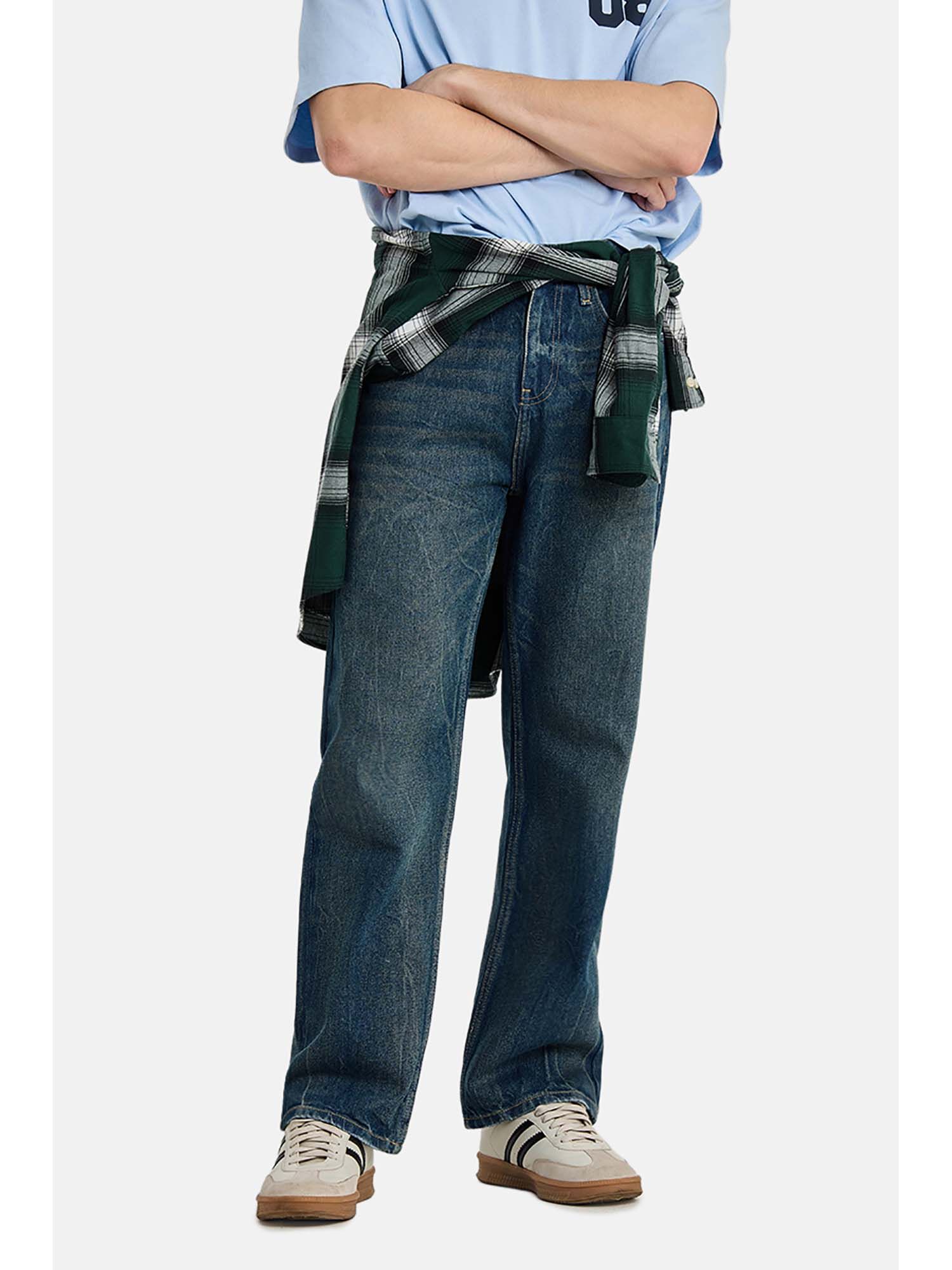 Snitch Blue Solid Cotton Straight Fit Jeans