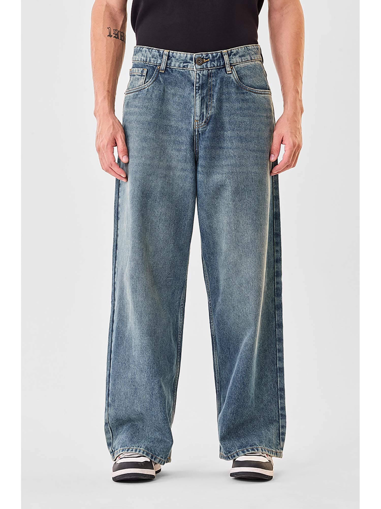 Snitch Dark Blue Solid Loose Fit Casual Jeans for Men
