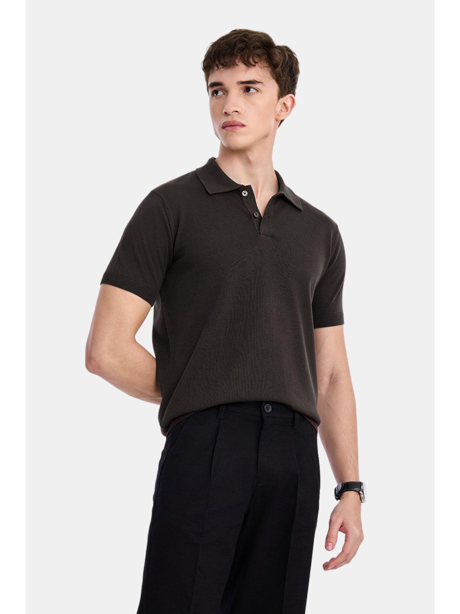 Snitch Dark Brown Self-Design Half Sleeves Regular Casual Polo T-Shirt