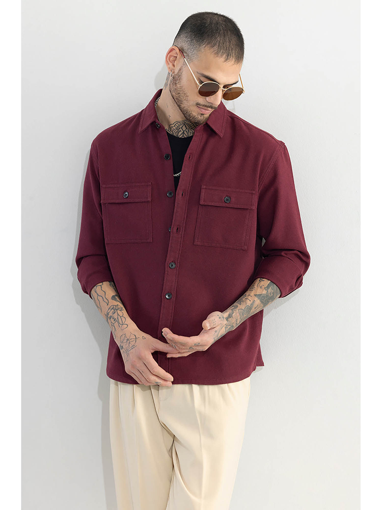 Snitch Maroon Plain Full Sleeves Relaxed Casual Overshirt for Men