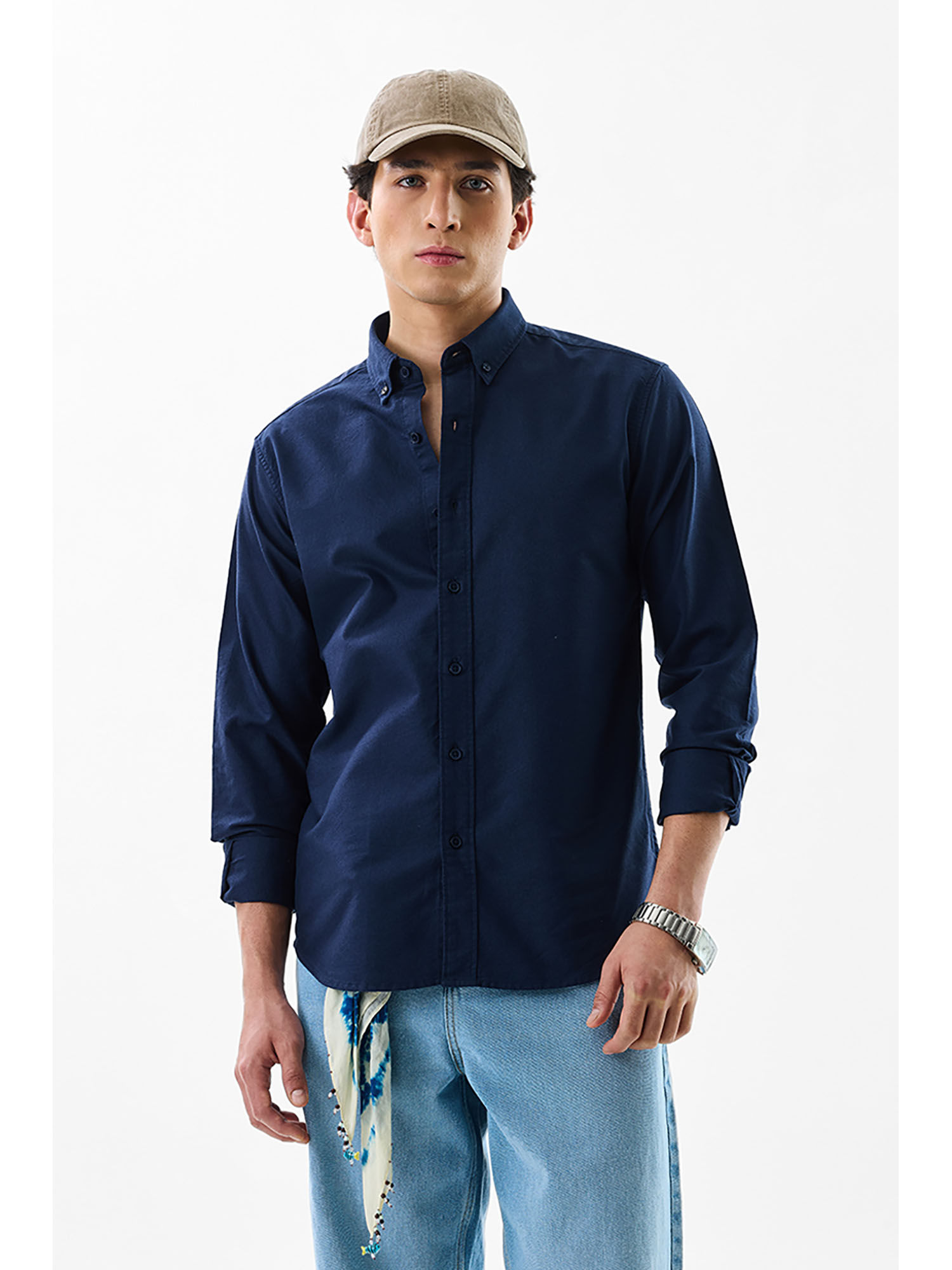 Snitch Navy Blue Solid Regular Fit Shirt
