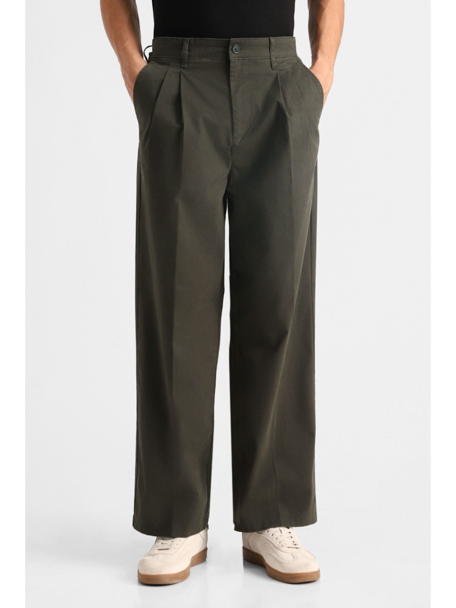Snitch Olive Plain Loose Casual Trouser for Men