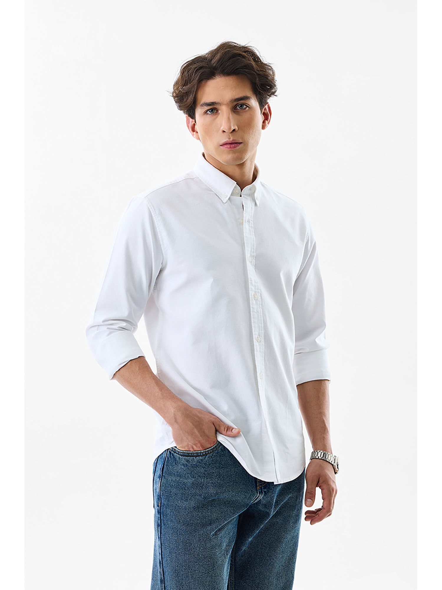 Snitch White Solid Regular Fit Shirt