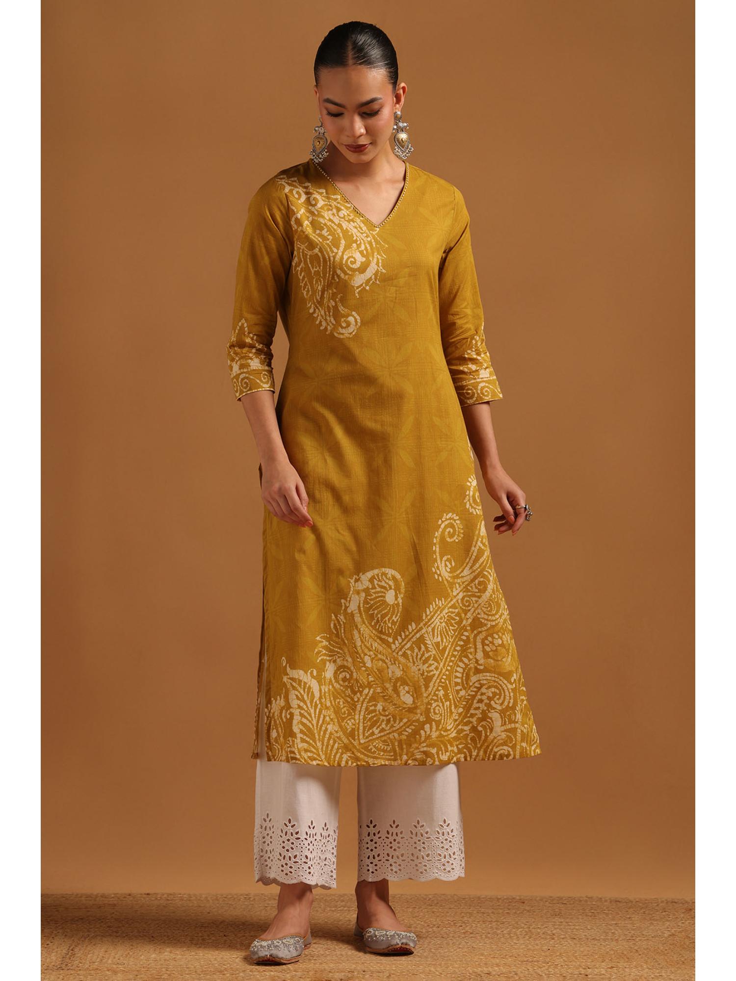Soch Mustard Printed Three Fourth Sleeves Kurta