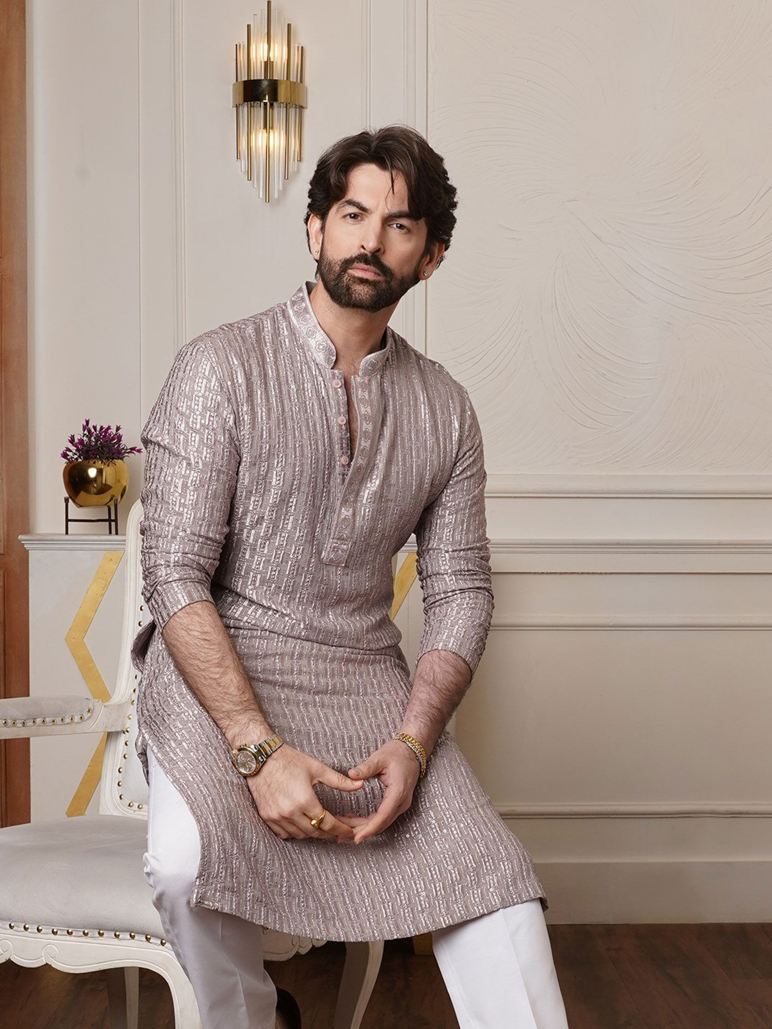 SOJANYA (Since 1958) Men's Cotton Rayon Shiny Thread Sequinned Brown Kurta
